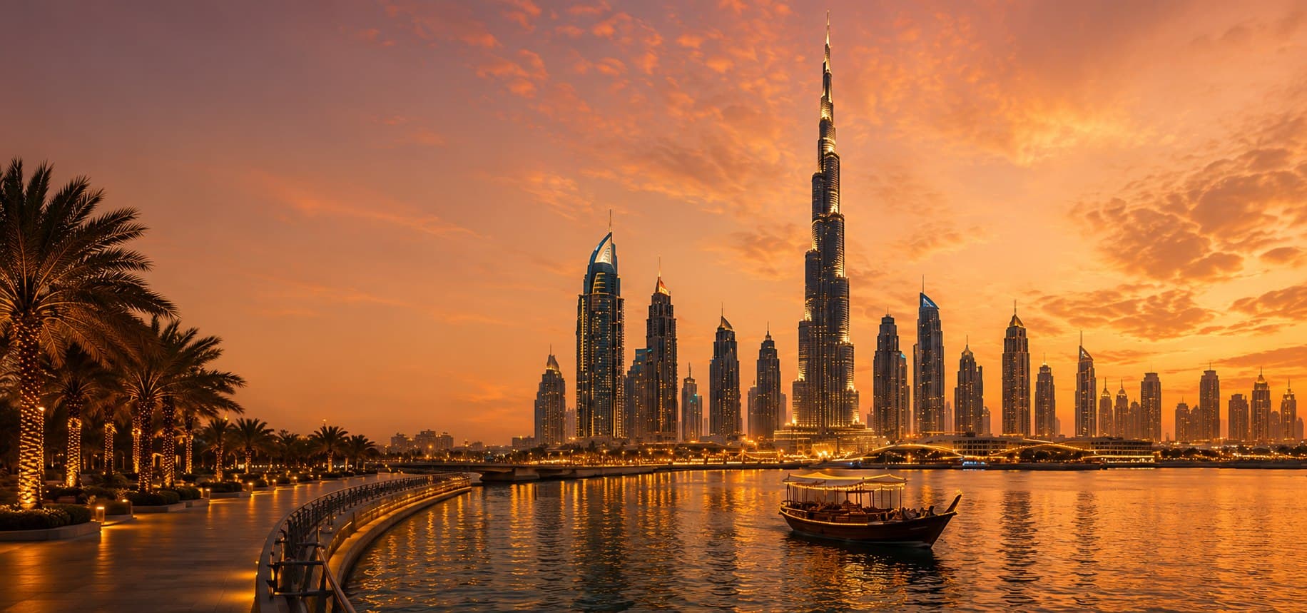 Dubai skyline at sunset seen across the water, with a traditional dhow in the foreground